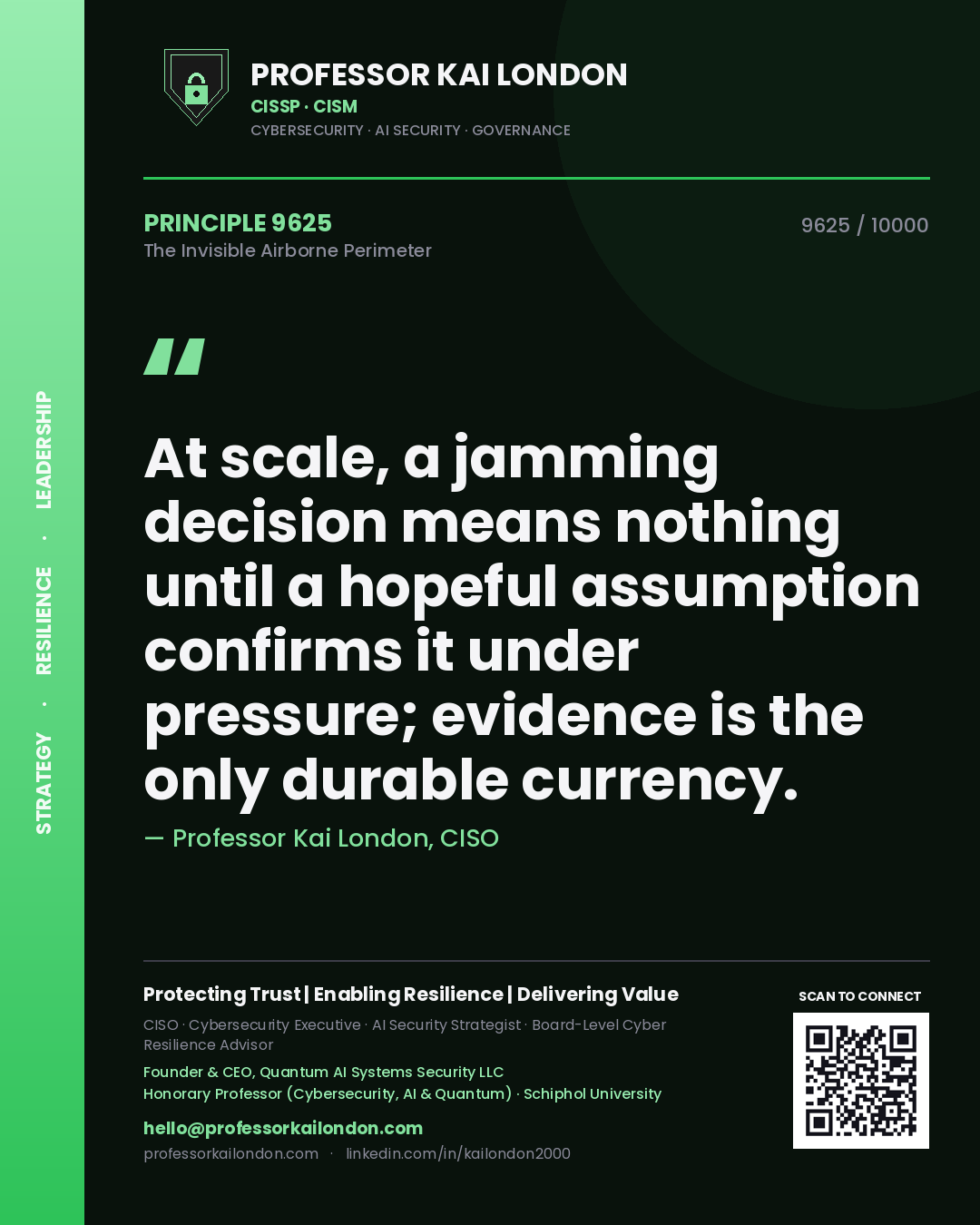 Quote card by Professor Kai London reading 'At scale, a jamming decision means nothing until a hopeful assumption confirms it under pressure; evidence is the only durable currency.'. From the book The Invisible Airborne Perimeter.