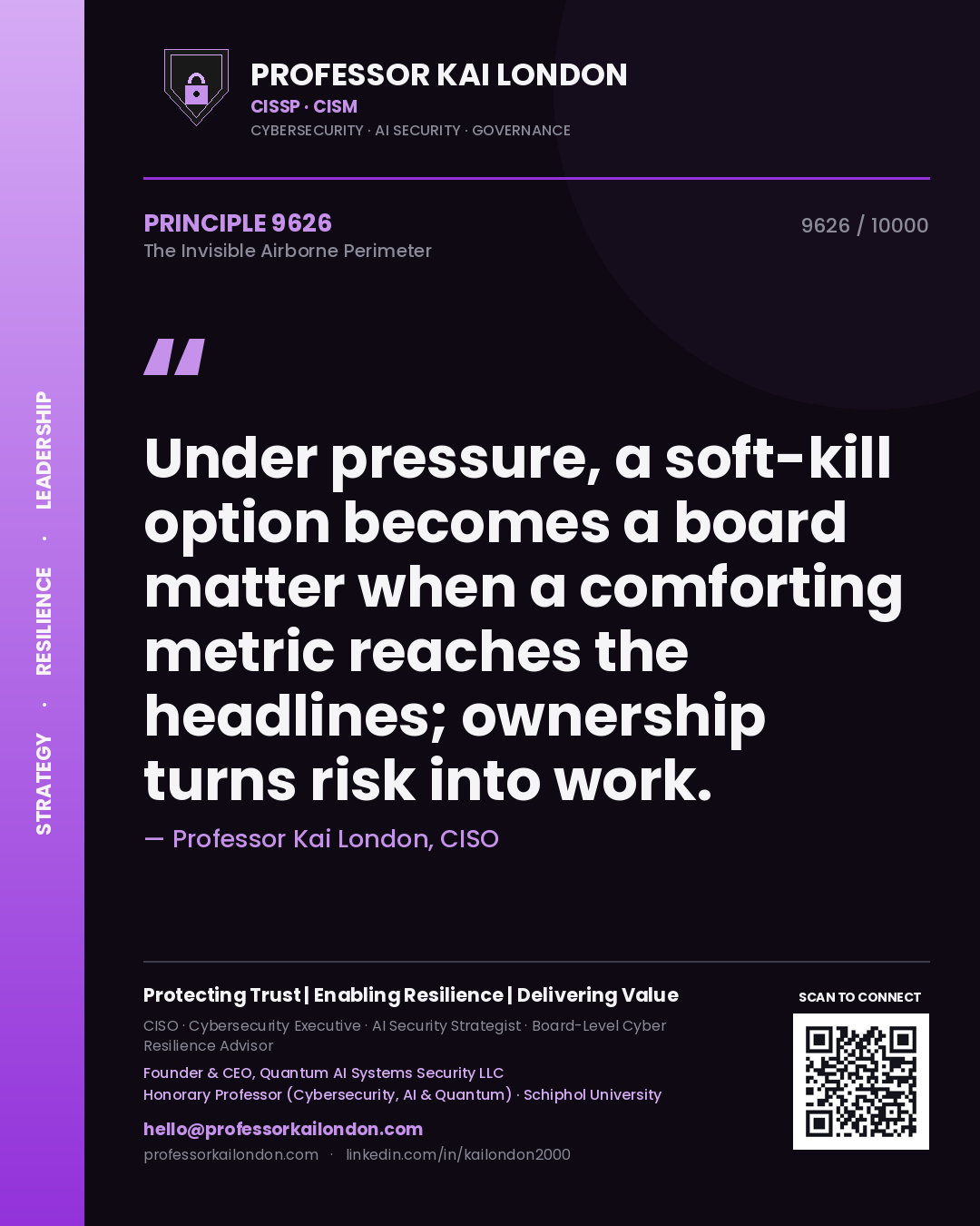 Professor Kai London principle 9626: Under pressure, a soft-kill option becomes a board matter when a comforting metric reaches the headlines; ownership turns risk into work.
