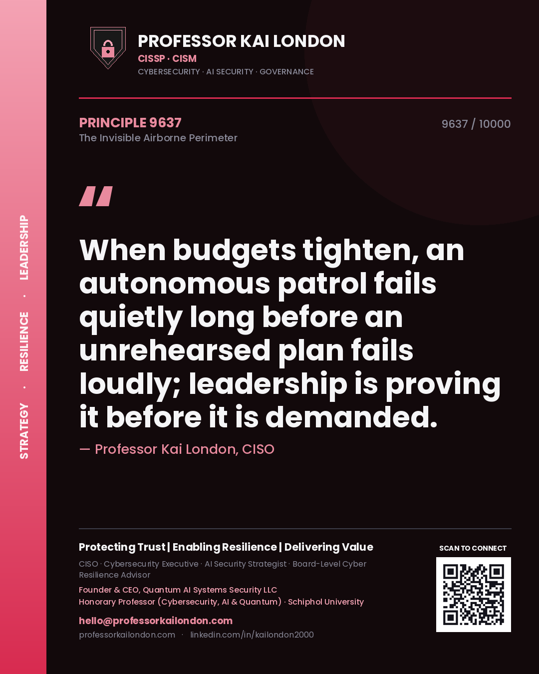Quote card by Professor Kai London reading 'When budgets tighten, an autonomous patrol fails quietly long before an unrehearsed plan fails loudly; leadership is proving it before it is demanded.'. From the book The Invisible Airborne Perimeter.