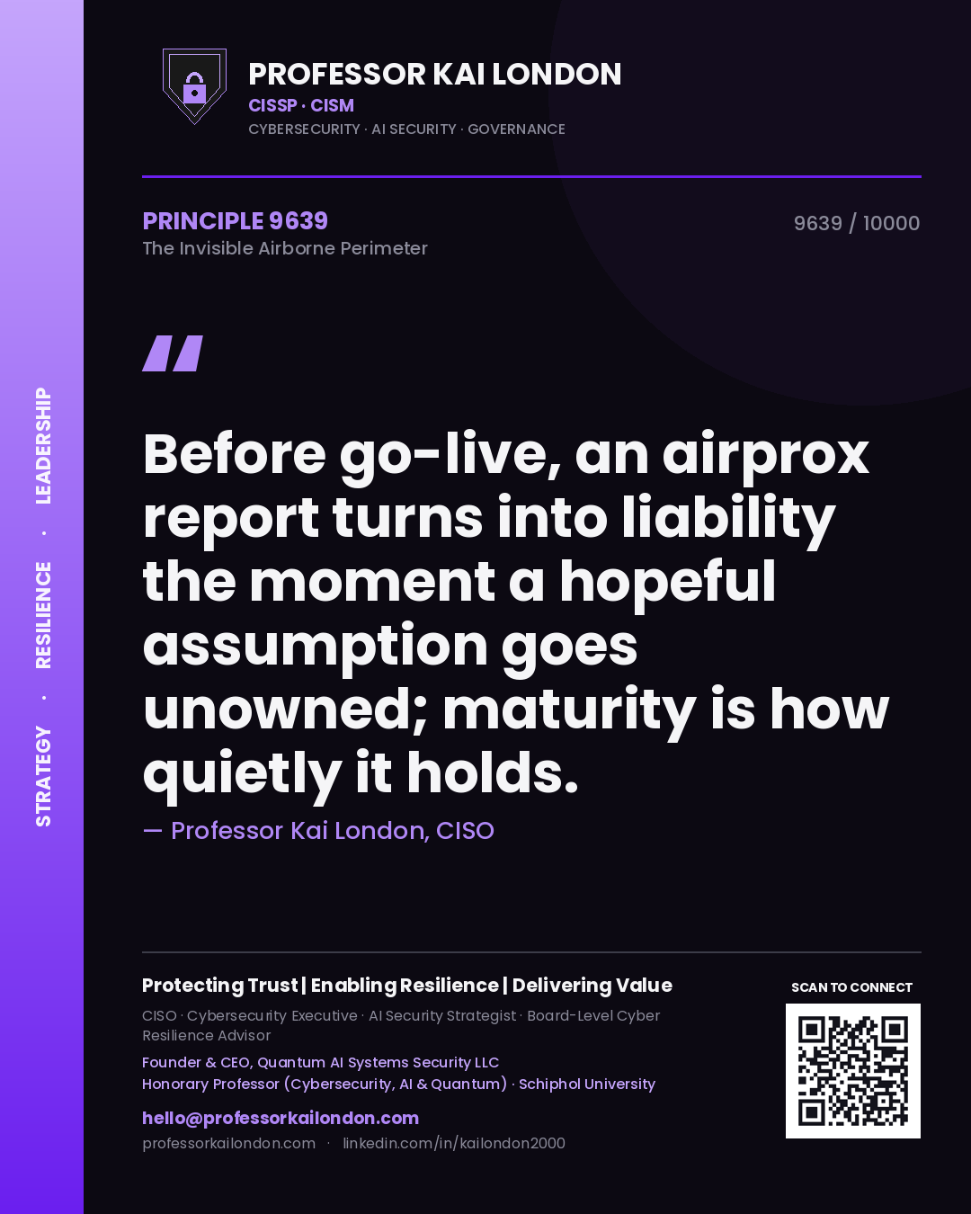 Quote card by Professor Kai London reading 'Before go-live, an airprox report turns into liability the moment a hopeful assumption goes unowned; maturity is how quietly it holds.'. From the book The Invisible Airborne Perimeter.