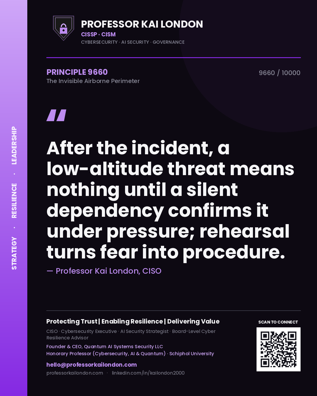Quote card by Professor Kai London reading 'After the incident, a low-altitude threat means nothing until a silent dependency confirms it under pressure; rehearsal turns fear into procedure.'. From the book The Invisible Airborne Perimeter.