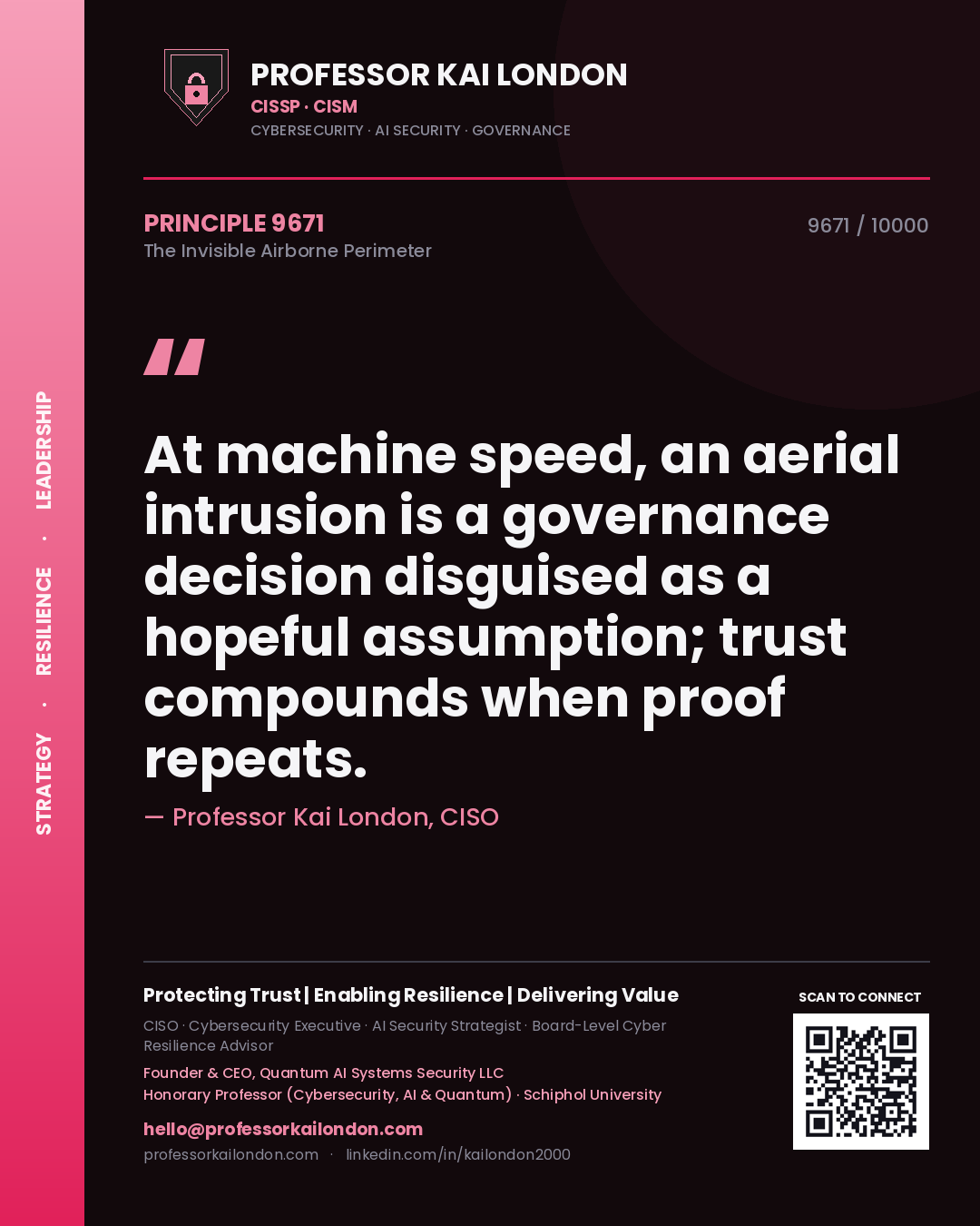 Quote card by Professor Kai London reading 'At machine speed, an aerial intrusion is a governance decision disguised as a hopeful assumption; trust compounds when proof repeats.'. From the book The Invisible Airborne Perimeter.
