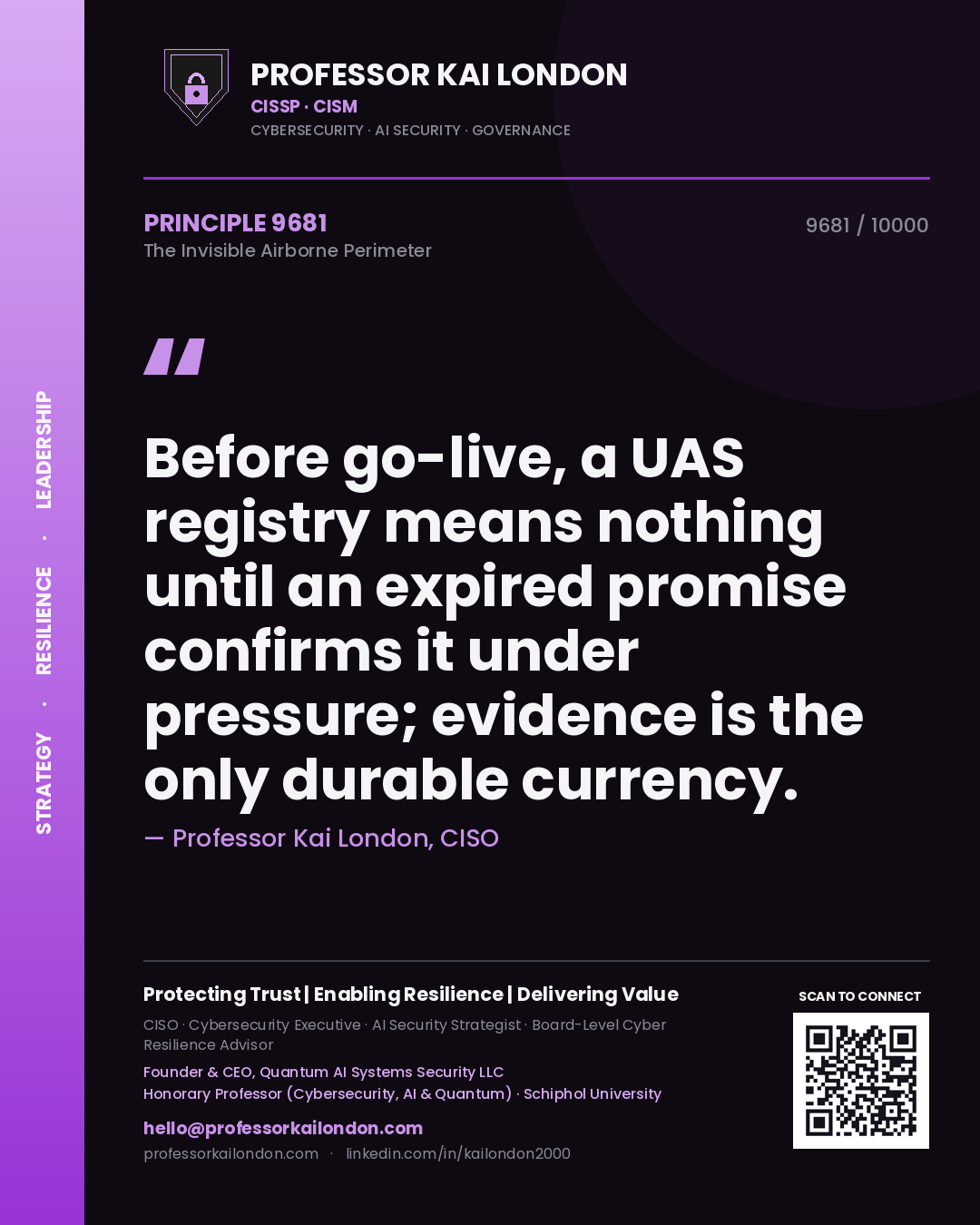Professor Kai London principle 9681: Before go-live, a UAS registry means nothing until an expired promise confirms it under pressure; evidence is the only durable currency.