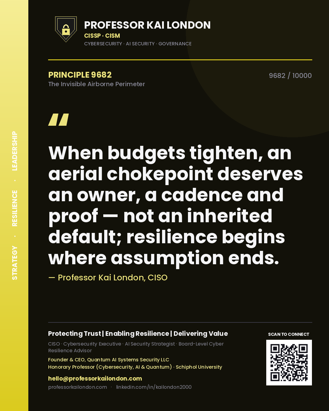 Professor Kai London principle 9682: When budgets tighten, an aerial chokepoint deserves an owner, a cadence and proof — not an inherited default; resilience begins where assumption ends.
