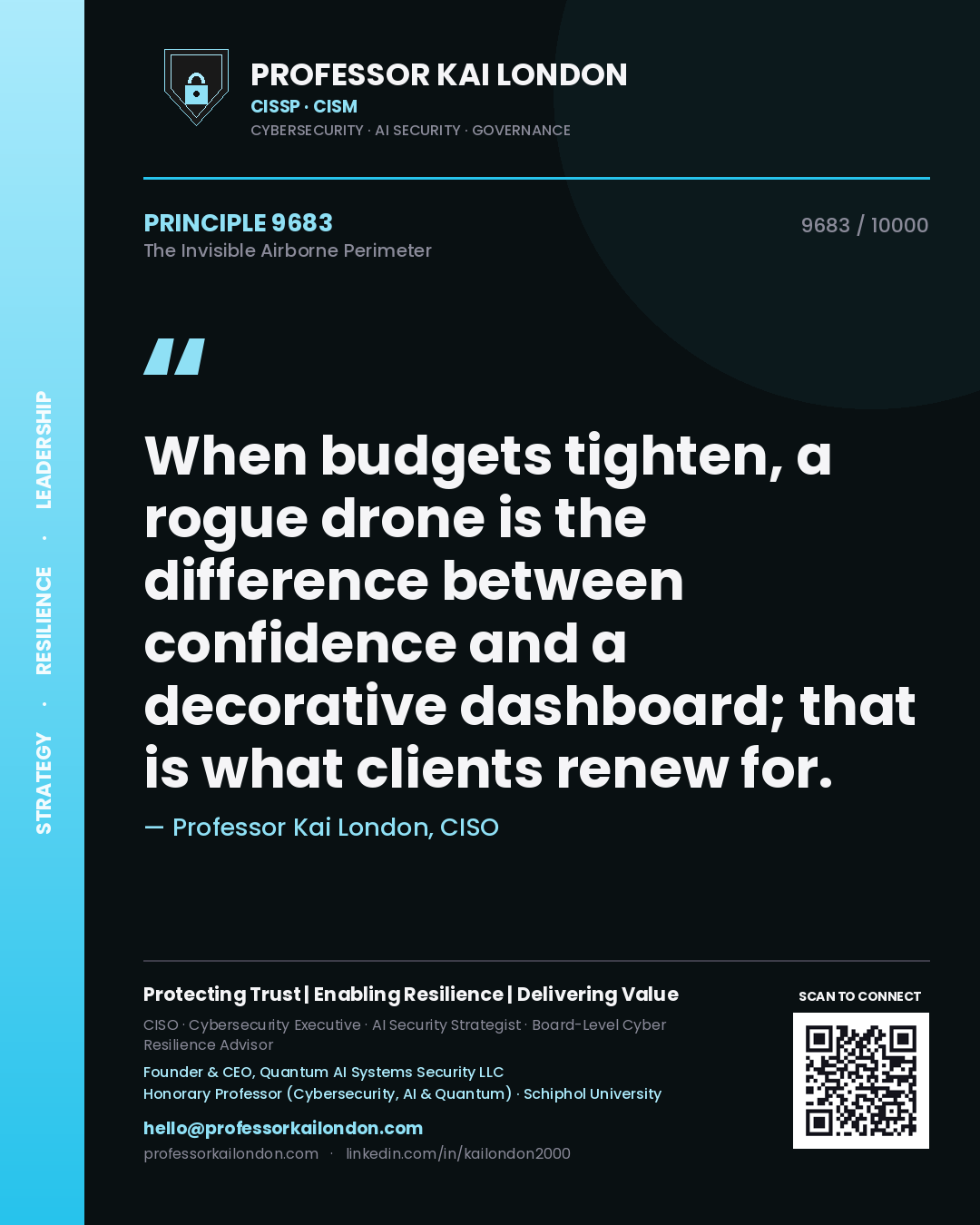 Quote card by Professor Kai London reading 'When budgets tighten, a rogue drone is the difference between confidence and a decorative dashboard; that is what clients renew for.'. From the book The Invisible Airborne Perimeter.