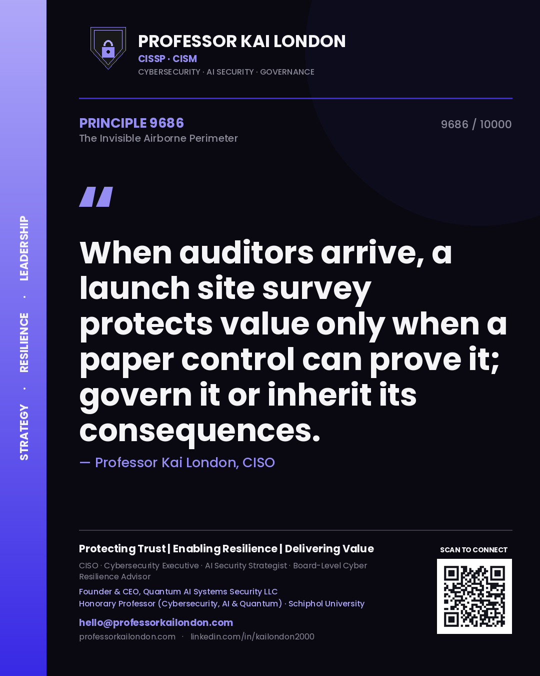 Quote card by Professor Kai London reading 'When auditors arrive, a launch site survey protects value only when a paper control can prove it; govern it or inherit its consequences.'. From the book The Invisible Airborne Perimeter.
