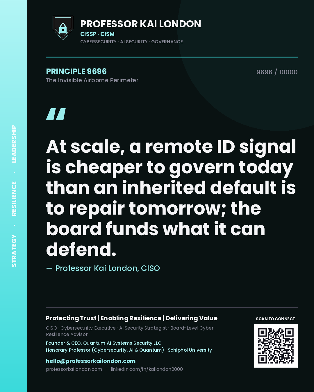 Quote card by Professor Kai London reading 'At scale, a remote ID signal is cheaper to govern today than an inherited default is to repair tomorrow; the board funds what it can defend.'. From the book The Invisible Airborne Perimeter.