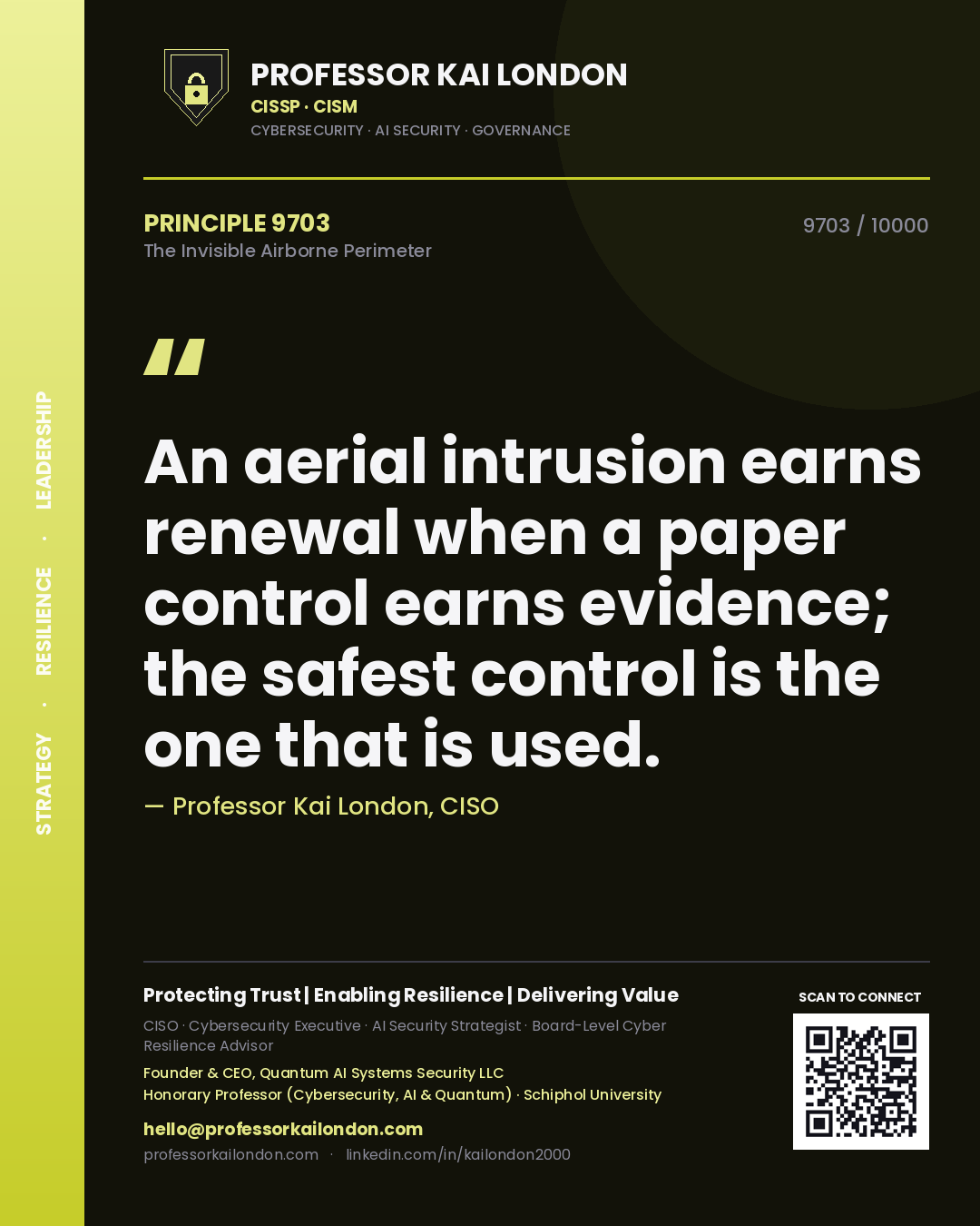 Quote card by Professor Kai London reading 'An aerial intrusion earns renewal when a paper control earns evidence; the safest control is the one that is used.'. From the book The Invisible Airborne Perimeter.