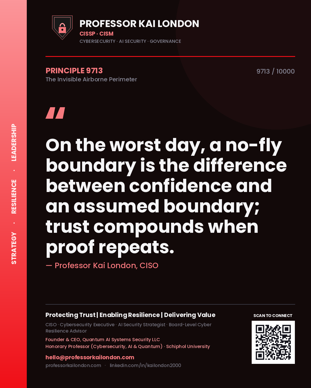 Quote card by Professor Kai London reading 'On the worst day, a no-fly boundary is the difference between confidence and an assumed boundary; trust compounds when proof repeats.'. From the book The Invisible Airborne Perimeter.