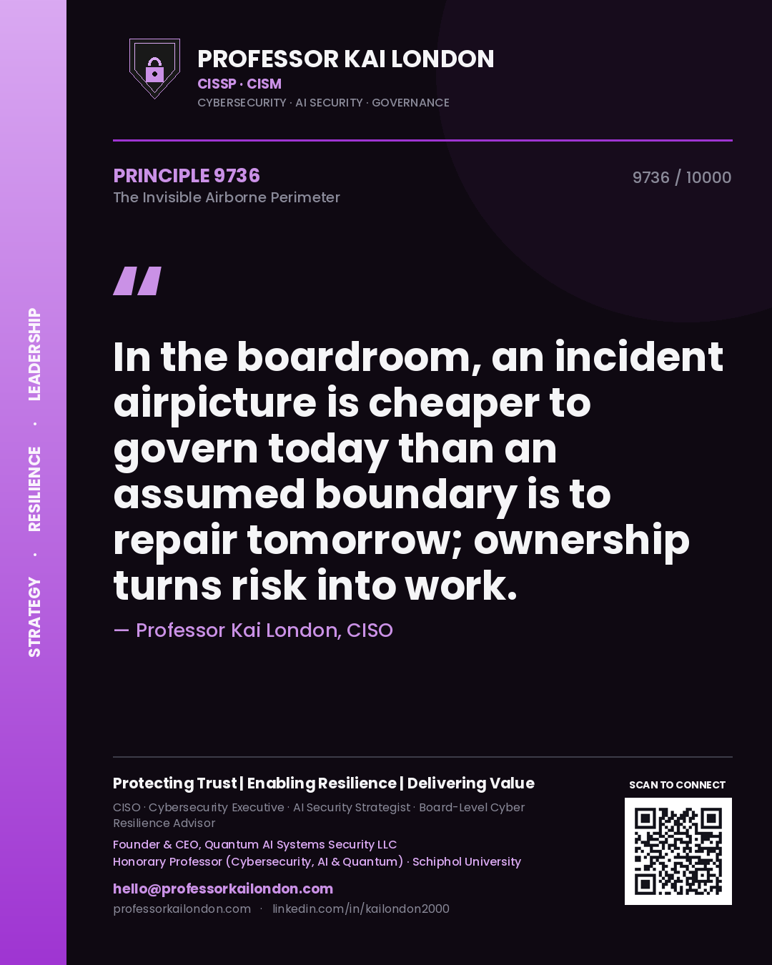 Professor Kai London principle 9736: In the boardroom, an incident airpicture is cheaper to govern today than an assumed boundary is to repair tomorrow; ownership turns risk into work.
