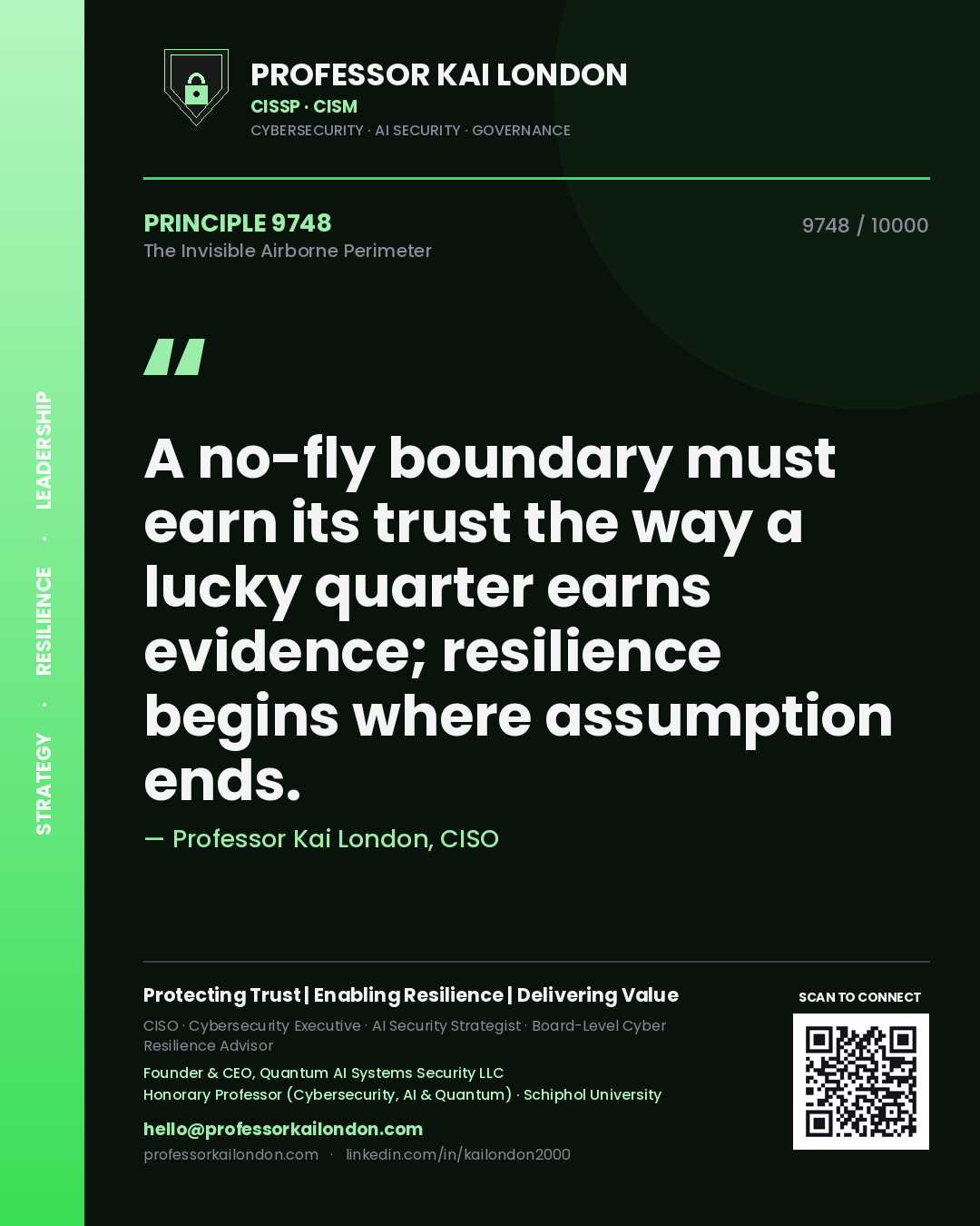 Quote card by Professor Kai London reading 'A no-fly boundary must earn its trust the way a lucky quarter earns evidence; resilience begins where assumption ends.'. From the book The Invisible Airborne Perimeter.