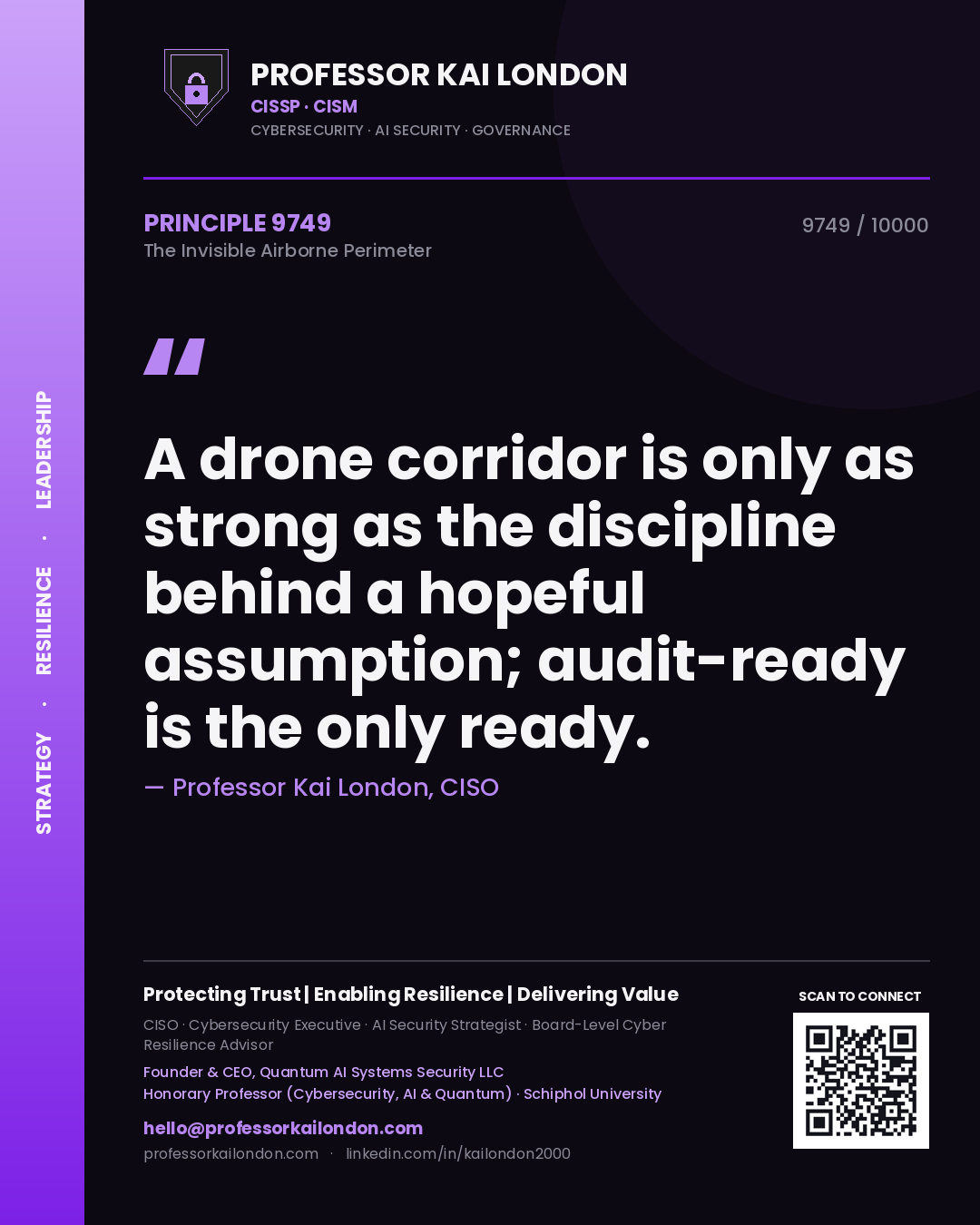 Quote card by Professor Kai London reading 'A drone corridor is only as strong as the discipline behind a hopeful assumption; audit-ready is the only ready.'. From the book The Invisible Airborne Perimeter.
