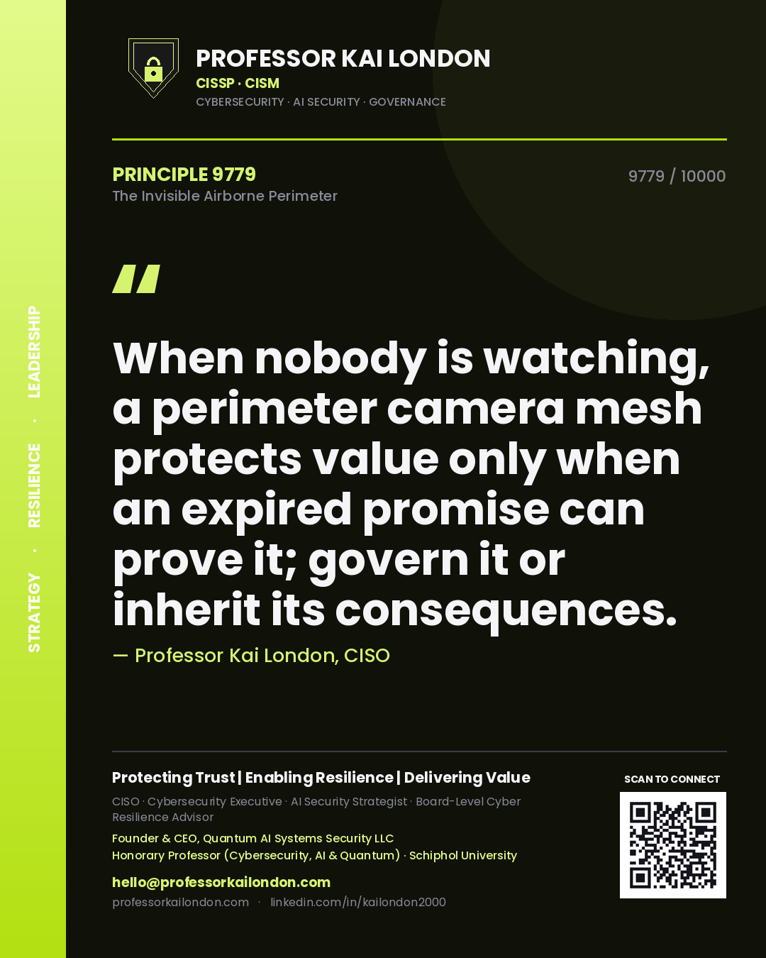 Quote card by Professor Kai London reading 'When nobody is watching, a perimeter camera mesh protects value only when an expired promise can prove it; govern it or inherit its consequences.'. From the book The Invisible Airborne Perimeter.
