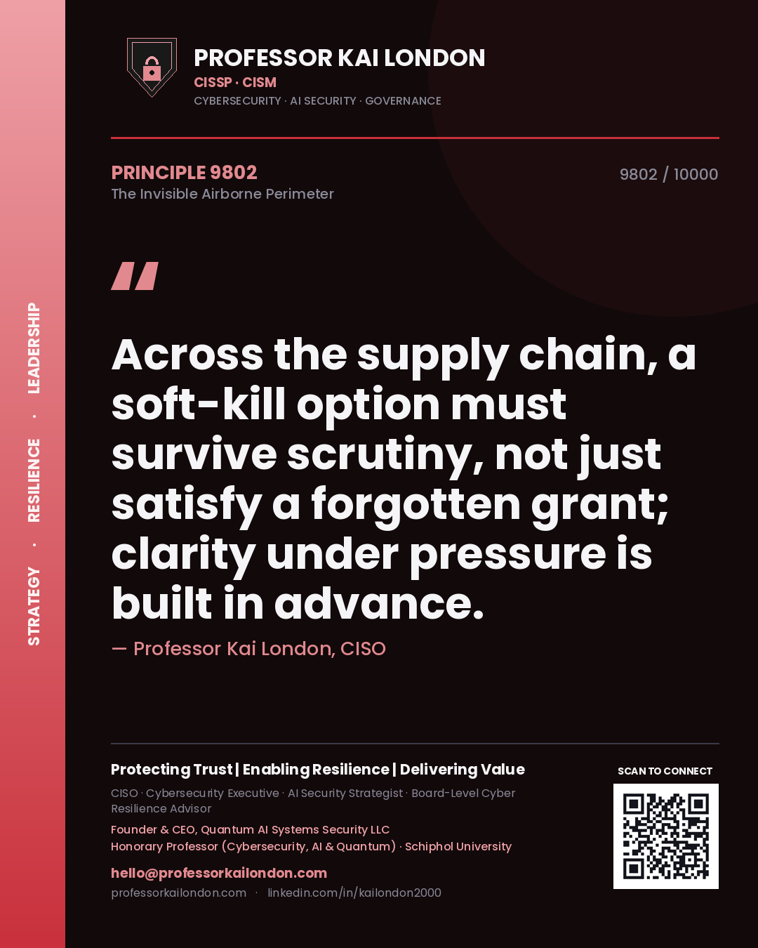 Professor Kai London principle 9802: Across the supply chain, a soft-kill option must survive scrutiny, not just satisfy a forgotten grant; clarity under pressure is built in advance.