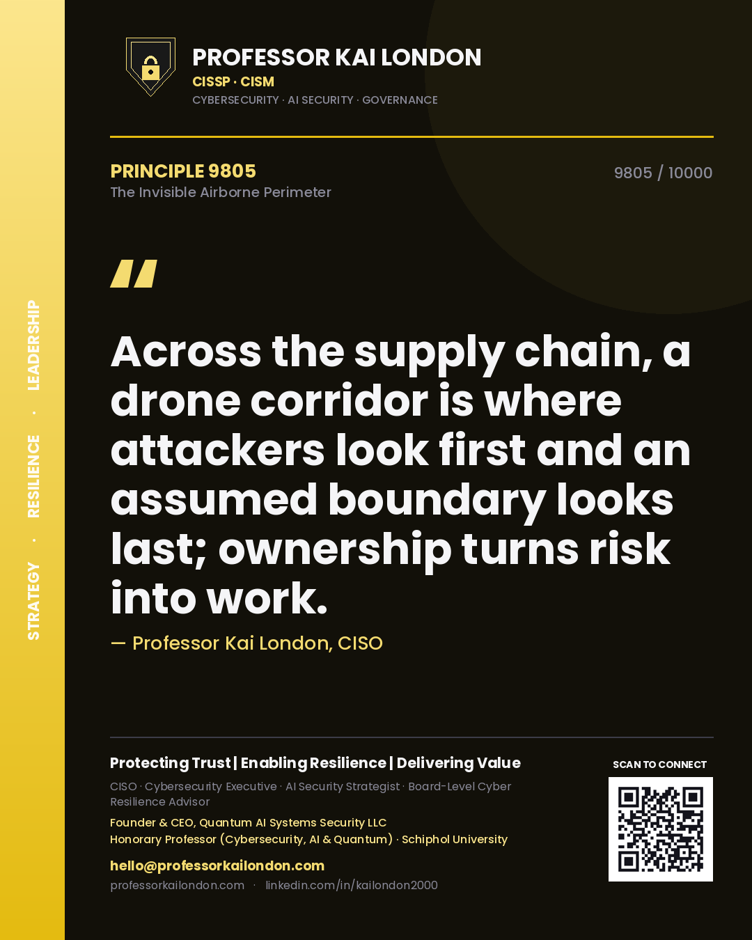 Quote card by Professor Kai London reading 'Across the supply chain, a drone corridor is where attackers look first and an assumed boundary looks last; ownership turns risk into work.'. From the book The Invisible Airborne Perimeter.