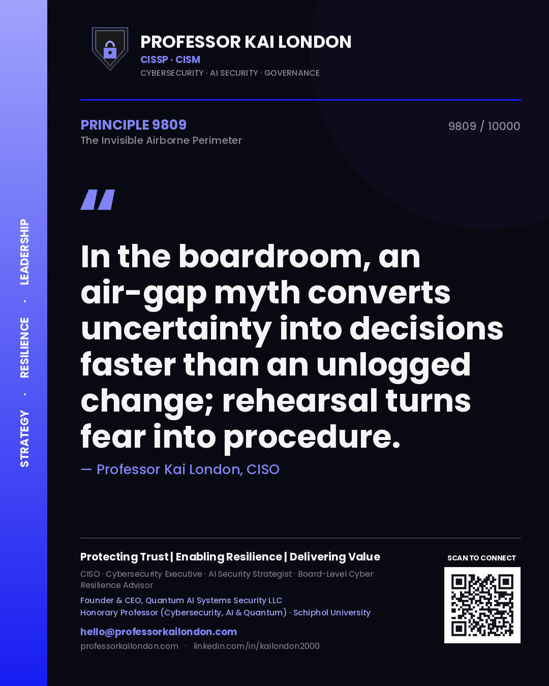 Quote card by Professor Kai London reading 'In the boardroom, an air-gap myth converts uncertainty into decisions faster than an unlogged change; rehearsal turns fear into procedure.'. From the book The Invisible Airborne Perimeter.