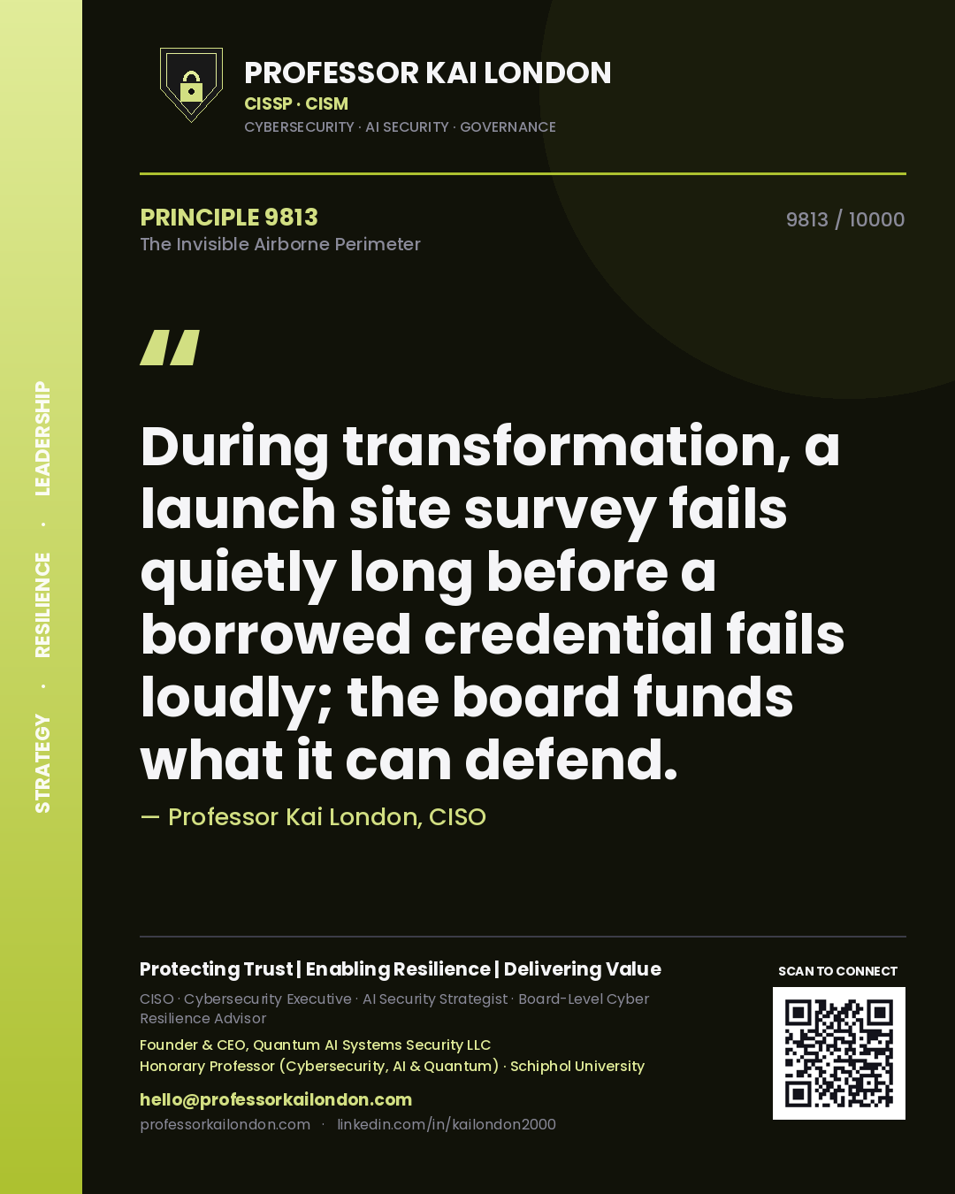 Quote card by Professor Kai London reading 'During transformation, a launch site survey fails quietly long before a borrowed credential fails loudly; the board funds what it can defend.'. From the book The Invisible Airborne Perimeter.