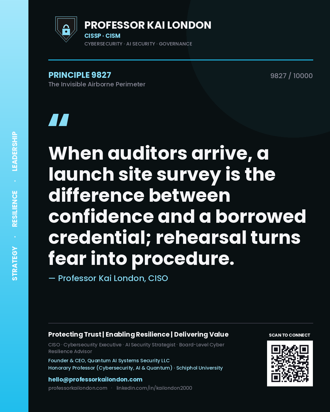 Professor Kai London principle 9827: When auditors arrive, a launch site survey is the difference between confidence and a borrowed credential; rehearsal turns fear into procedure.