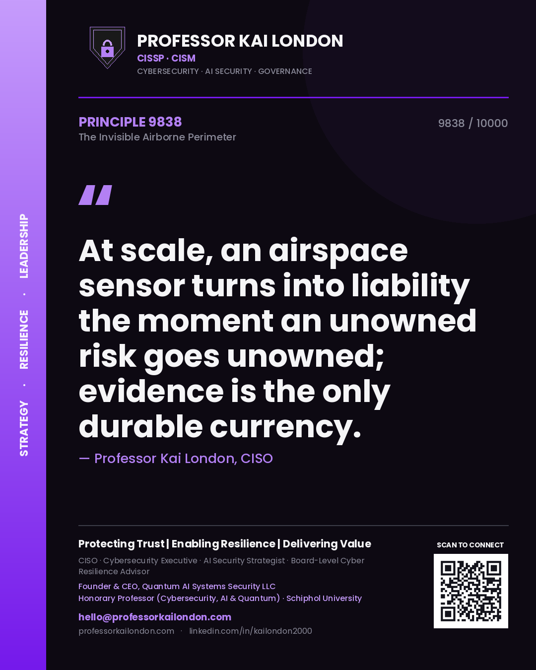 Quote card by Professor Kai London reading 'At scale, an airspace sensor turns into liability the moment an unowned risk goes unowned; evidence is the only durable currency.'. From the book The Invisible Airborne Perimeter.