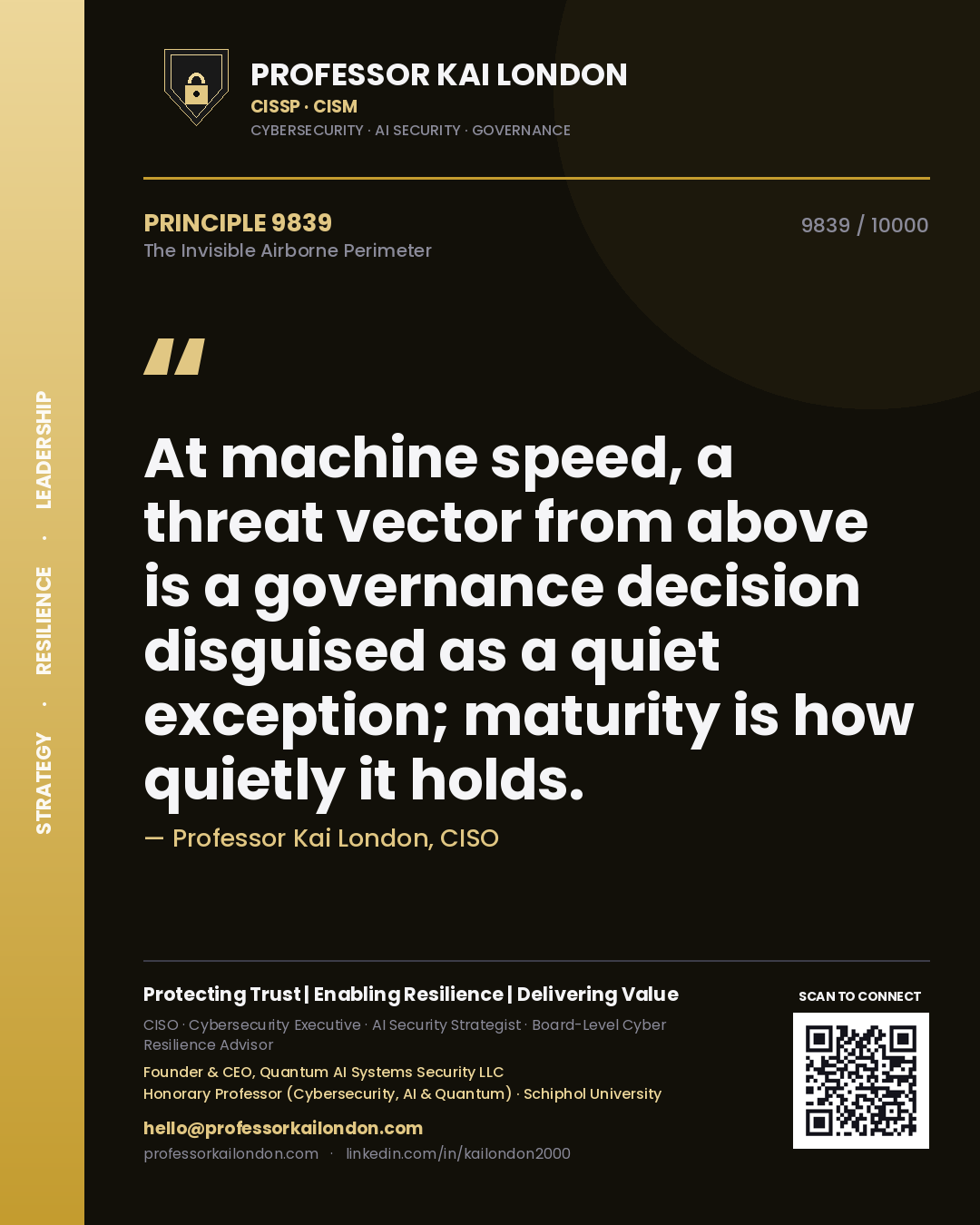 Quote card by Professor Kai London reading 'At machine speed, a threat vector from above is a governance decision disguised as a quiet exception; maturity is how quietly it holds.'. From the book The Invisible Airborne Perimeter.