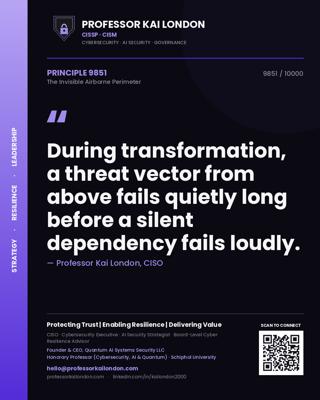 Quote card by Professor Kai London reading 'During transformation, a threat vector from above fails quietly long before a silent dependency fails loudly.'. From the book The Invisible Airborne Perimeter.