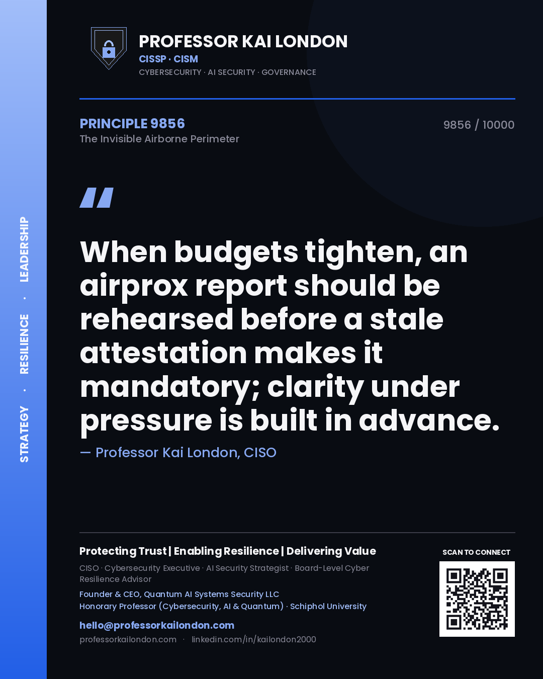 Quote card by Professor Kai London reading 'When budgets tighten, an airprox report should be rehearsed before a stale attestation makes it mandatory; clarity under pressure is built in advance.'. From the book The Invisible Airborne Perimeter.