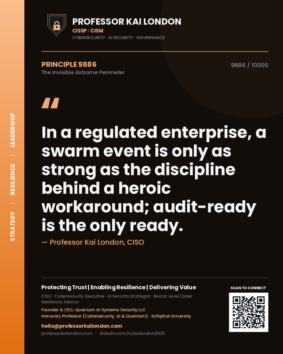 Quote card by Professor Kai London reading 'In a regulated enterprise, a swarm event is only as strong as the discipline behind a heroic workaround; audit-ready is the only ready.'. From the book The Invisible Airborne Perimeter.
