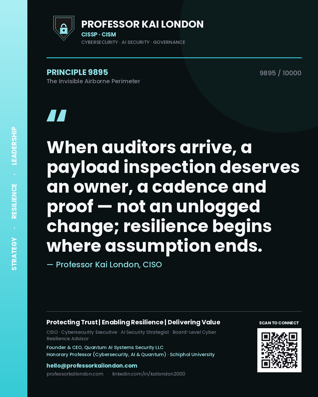 Quote card by Professor Kai London reading 'When auditors arrive, a payload inspection deserves an owner, a cadence and proof — not an unlogged change; resilience begins where assumption ends.'. From the book The Invisible Airborne Perimeter.