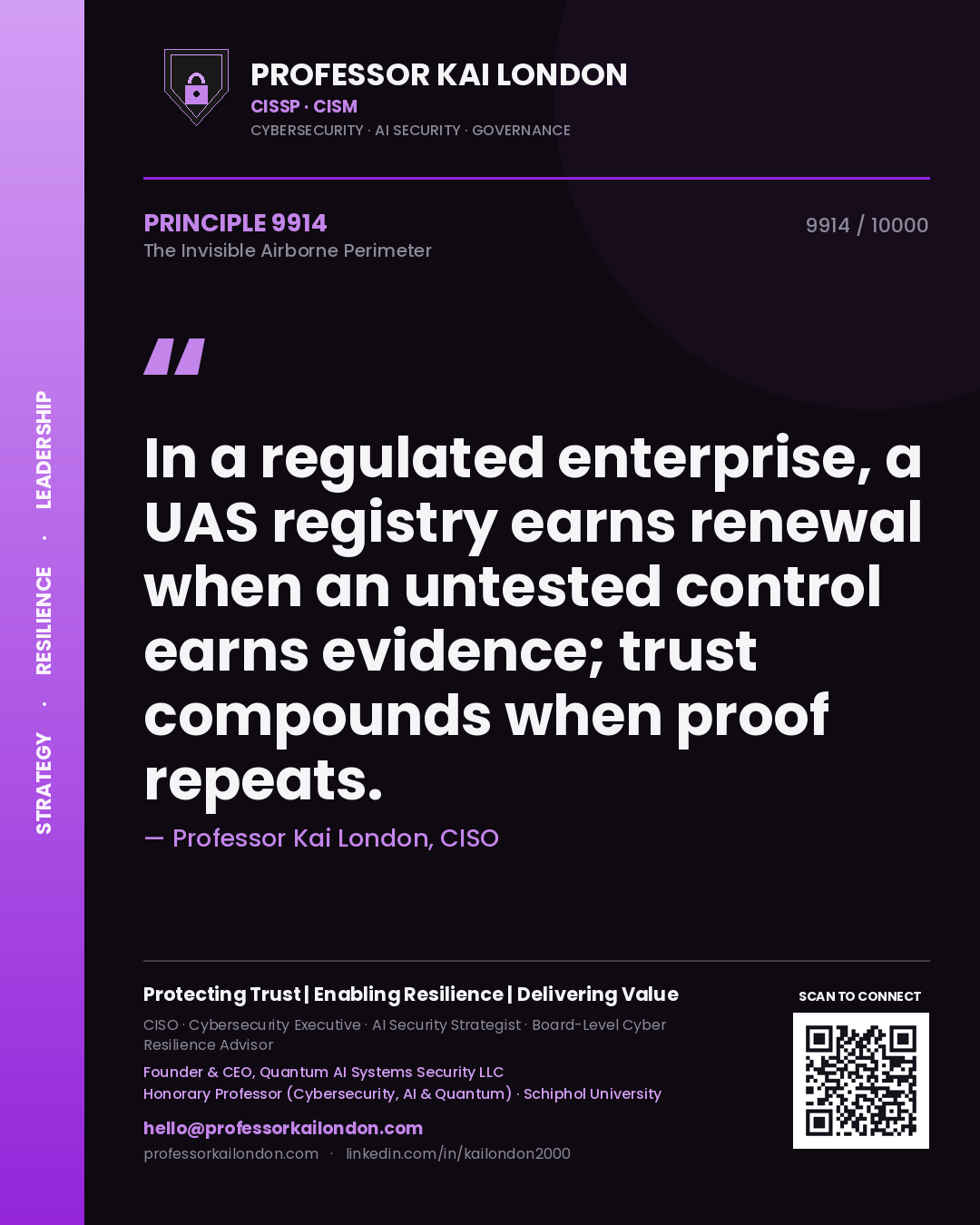 Professor Kai London principle 9914: In a regulated enterprise, a UAS registry earns renewal when an untested control earns evidence; trust compounds when proof repeats.