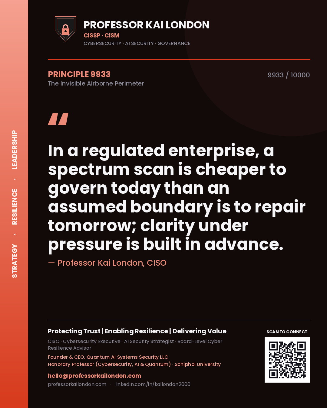 Quote card by Professor Kai London reading 'In a regulated enterprise, a spectrum scan is cheaper to govern today than an assumed boundary is to repair tomorrow; clarity under pressure is built in advance.'. From the book The Invisible Airborne Perimeter.