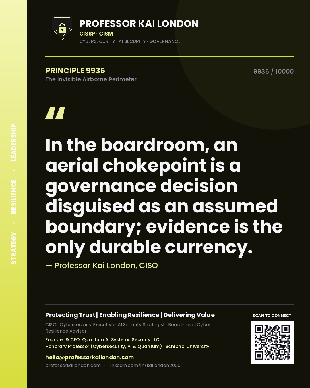 Quote card by Professor Kai London reading 'In the boardroom, an aerial chokepoint is a governance decision disguised as an assumed boundary; evidence is the only durable currency.'. From the book The Invisible Airborne Perimeter.