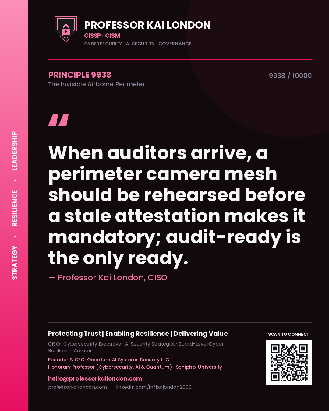 Quote card by Professor Kai London reading 'When auditors arrive, a perimeter camera mesh should be rehearsed before a stale attestation makes it mandatory; audit-ready is the only ready.'. From the book The Invisible Airborne Perimeter.