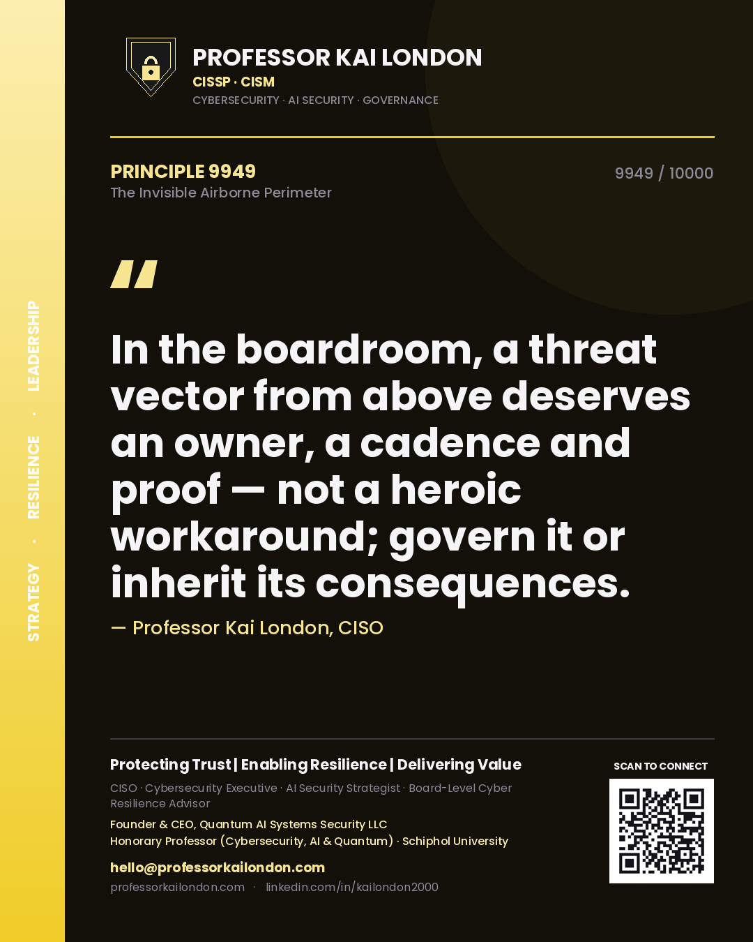 Quote card by Professor Kai London reading 'In the boardroom, a threat vector from above deserves an owner, a cadence and proof — not a heroic workaround; govern it or inherit its consequences.'. From the book The Invisible Airborne Perimeter.