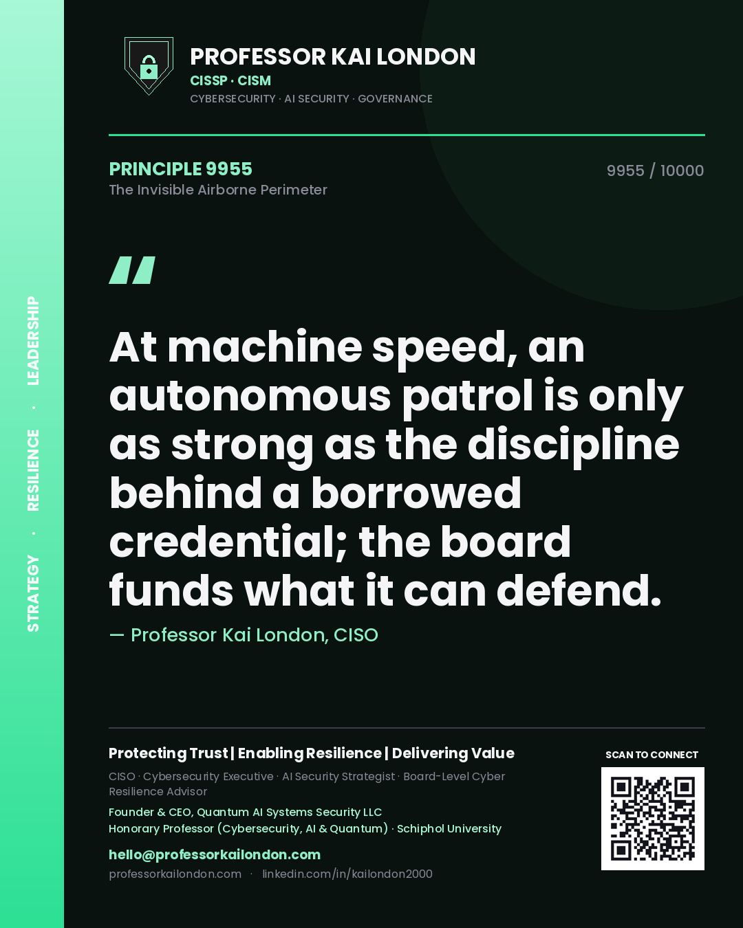 Quote card by Professor Kai London reading 'At machine speed, an autonomous patrol is only as strong as the discipline behind a borrowed credential; the board funds what it can defend.'. From the book The Invisible Airborne Perimeter.