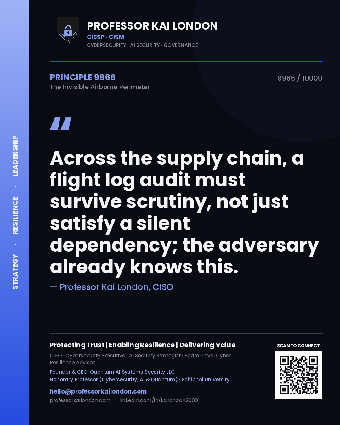 Quote card by Professor Kai London reading 'Across the supply chain, a flight log audit must survive scrutiny, not just satisfy a silent dependency; the adversary already knows this.'. From the book The Invisible Airborne Perimeter.