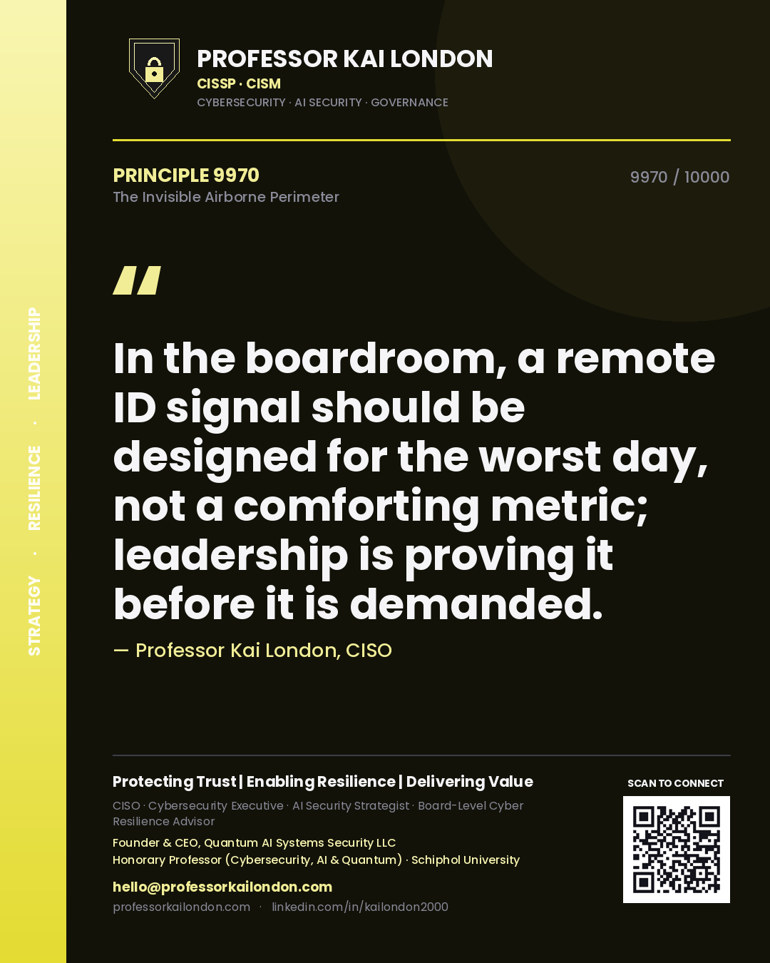 Quote card by Professor Kai London reading 'In the boardroom, a remote ID signal should be designed for the worst day, not a comforting metric; leadership is proving it before it is demanded.'. From the book The Invisible Airborne Perimeter.