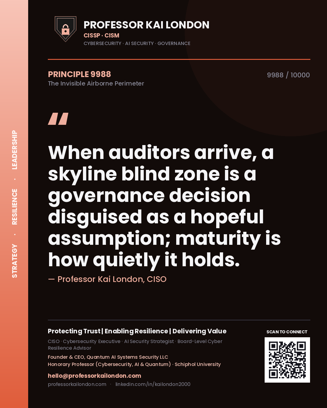 Quote card by Professor Kai London reading 'When auditors arrive, a skyline blind zone is a governance decision disguised as a hopeful assumption; maturity is how quietly it holds.'. From the book The Invisible Airborne Perimeter.
