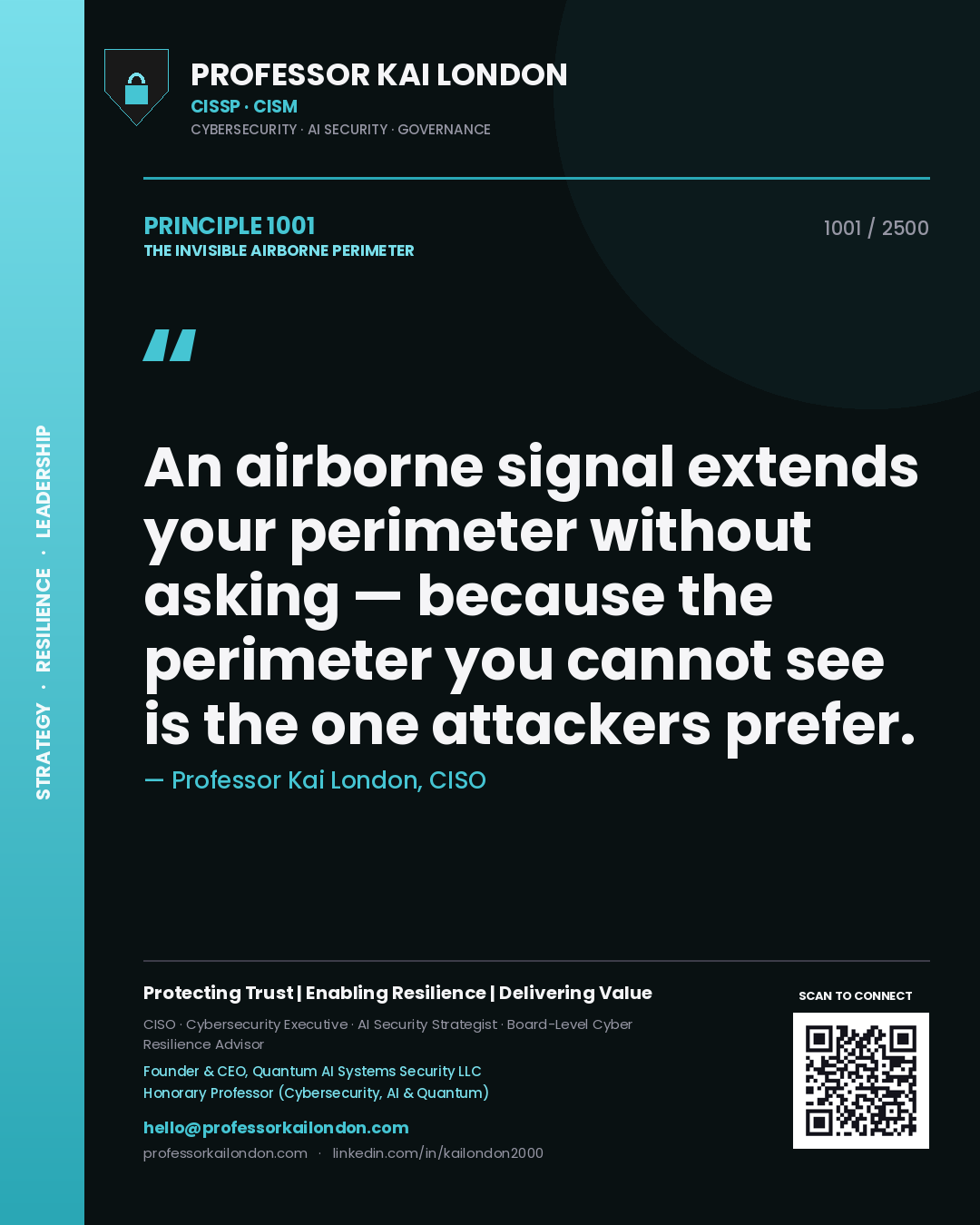 Quote card by Professor Kai London reading 'An airborne signal extends your perimeter without asking — because the perimeter you cannot see is the one attackers prefer.'. From the book The Invisible Airborne Perimeter.