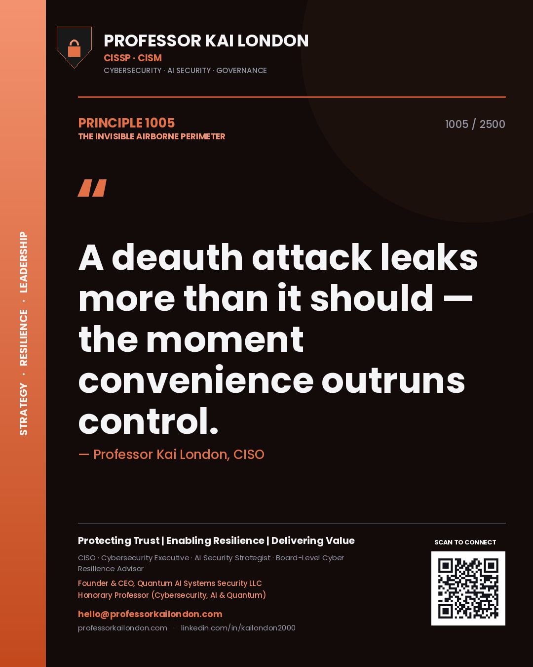 Quote card by Professor Kai London reading 'A deauth attack leaks more than it should — the moment convenience outruns control.'. From the book The Invisible Airborne Perimeter.