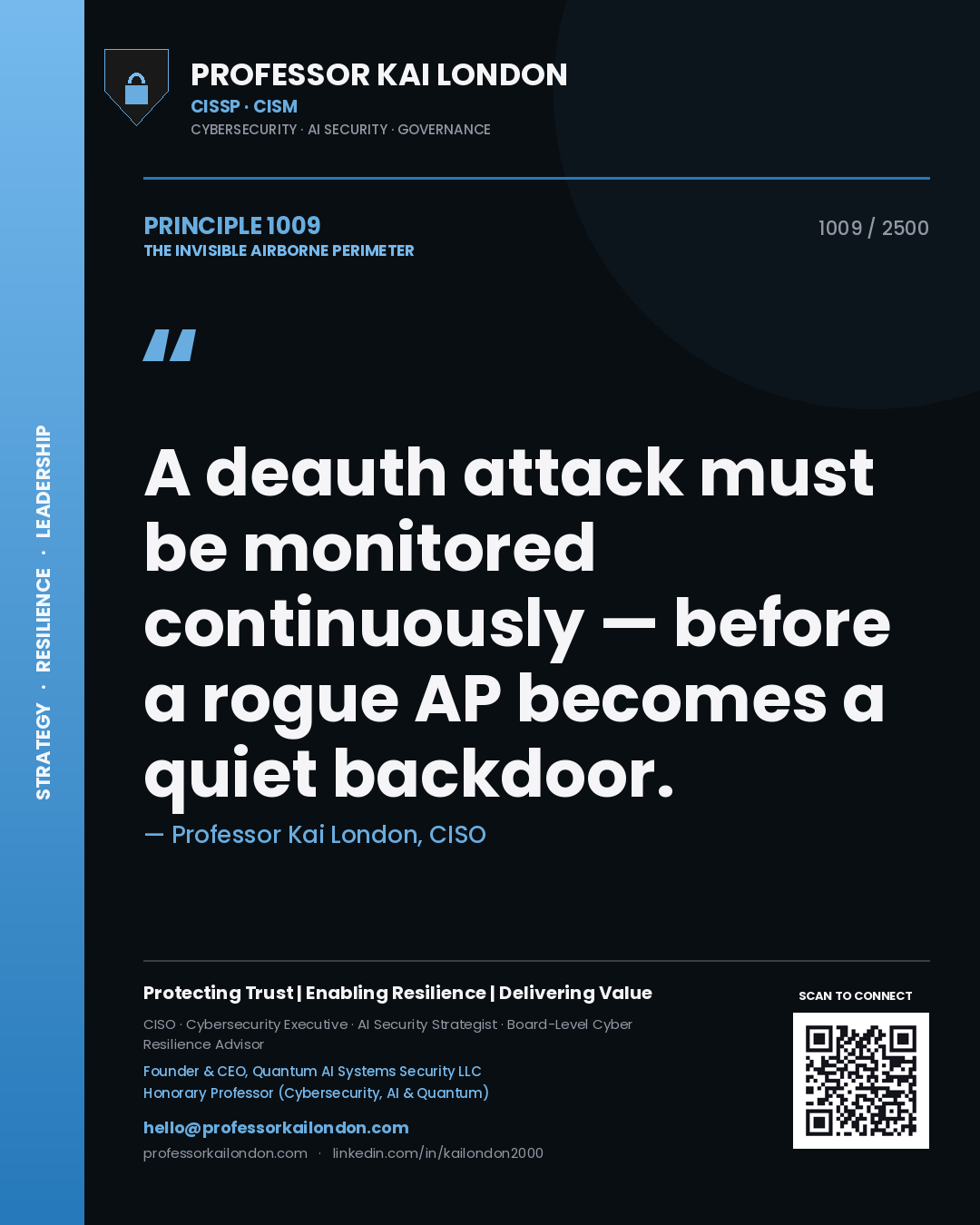 Quote card by Professor Kai London reading 'A deauth attack must be monitored continuously — before a rogue AP becomes a quiet backdoor.'. From the book The Invisible Airborne Perimeter.