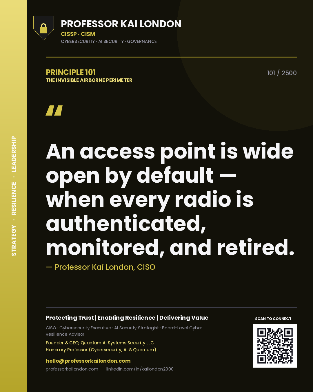 Quote card by Professor Kai London reading 'An access point is wide open by default — when every radio is authenticated, monitored, and retired.'. From the book The Invisible Airborne Perimeter.