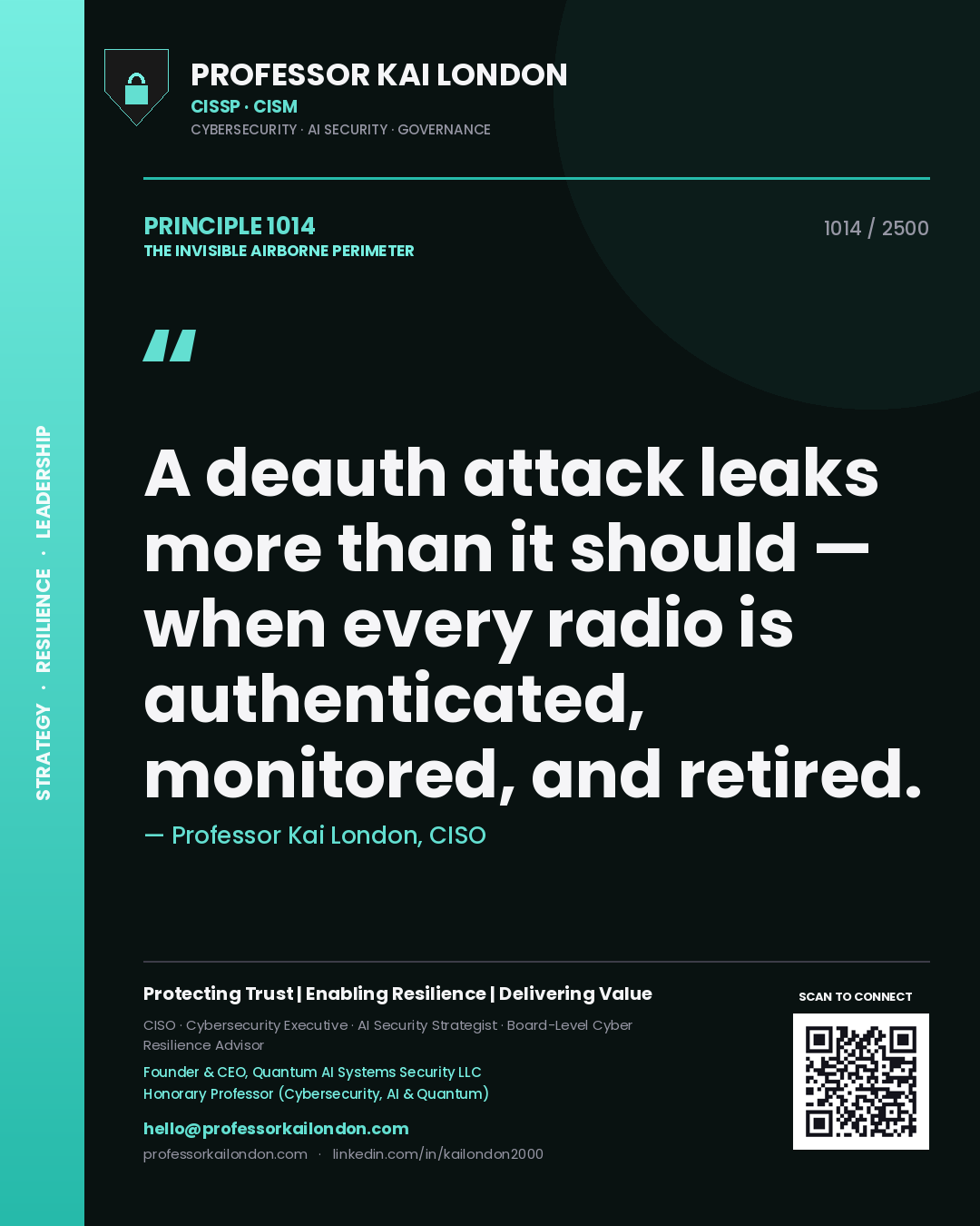 Professor Kai London principle 1014: A deauth attack leaks more than it should — when every radio is authenticated, monitored, and retired.