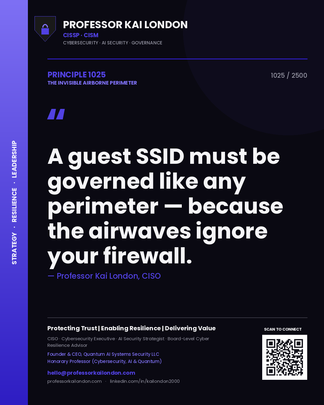 Quote card by Professor Kai London reading 'A guest SSID must be governed like any perimeter — because the airwaves ignore your firewall.'. From the book The Invisible Airborne Perimeter.