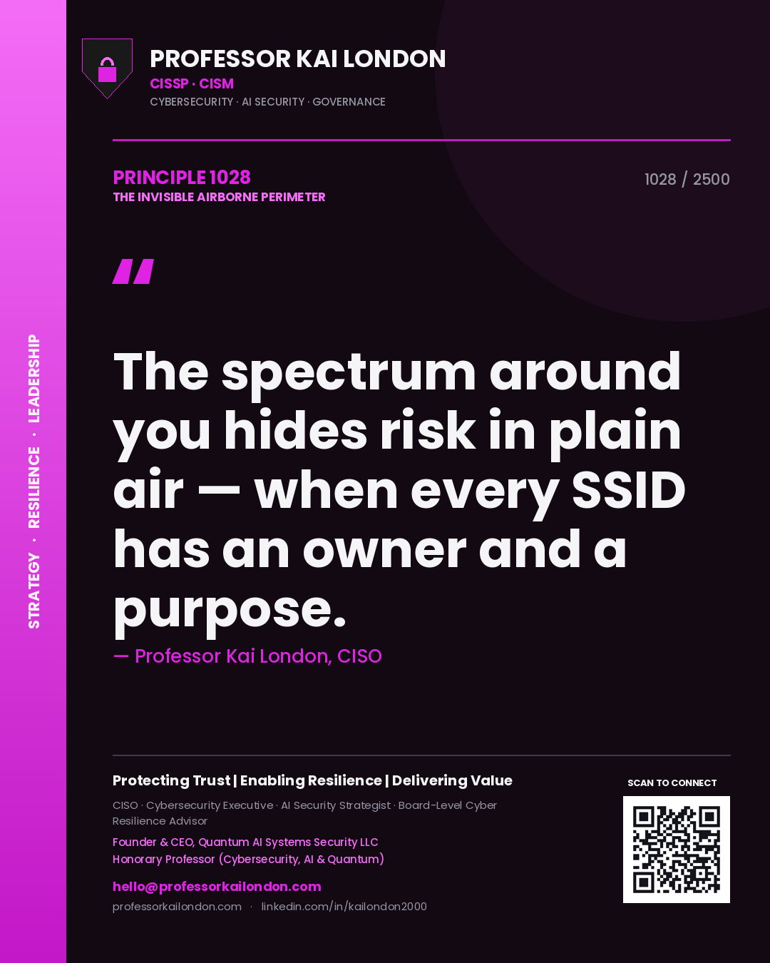 Quote card by Professor Kai London reading 'The spectrum around you hides risk in plain air — when every SSID has an owner and a purpose.'. From the book The Invisible Airborne Perimeter.