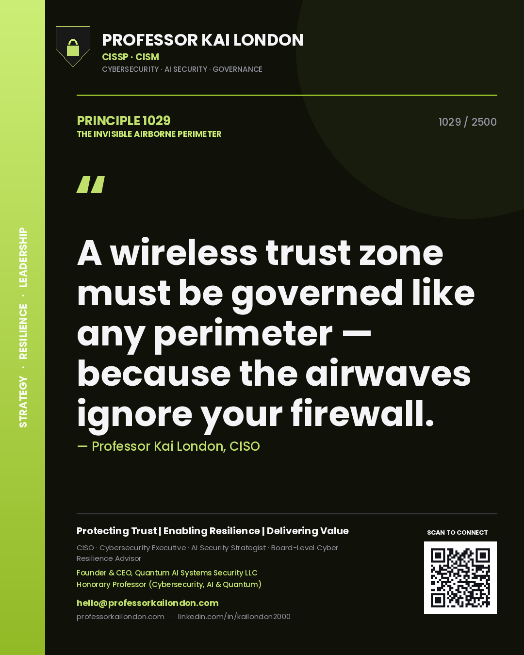 Quote card by Professor Kai London reading 'A wireless trust zone must be governed like any perimeter — because the airwaves ignore your firewall.'. From the book The Invisible Airborne Perimeter.