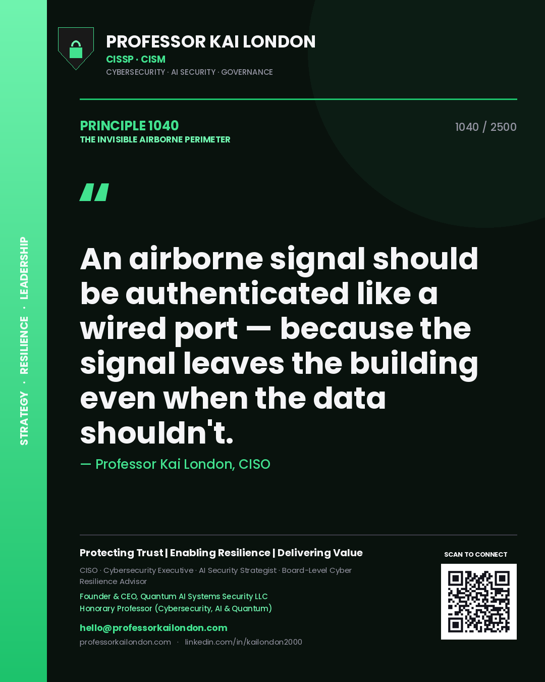 Quote card by Professor Kai London reading 'An airborne signal should be authenticated like a wired port — because the signal leaves the building even when the data shouldn't.'. From the book The Invisible Airborne Perimeter.