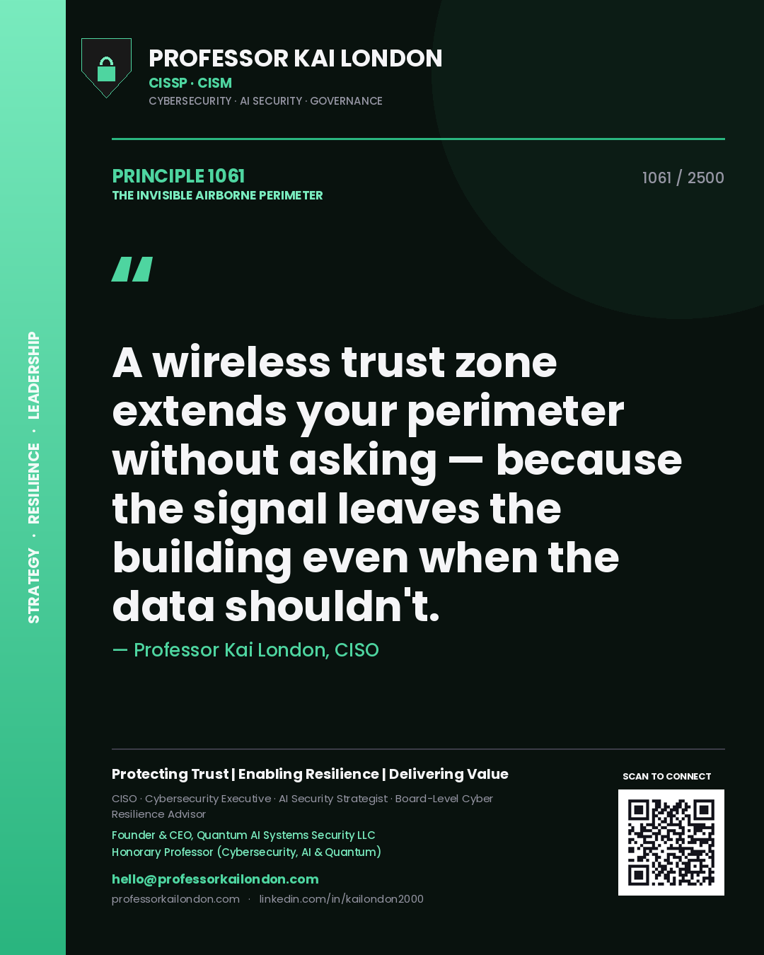 Quote card by Professor Kai London reading 'A wireless trust zone extends your perimeter without asking — because the signal leaves the building even when the data shouldn't.'. From the book The Invisible Airborne Perimeter.