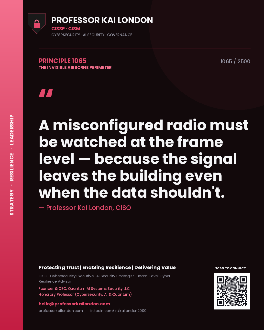 Professor Kai London principle 1065: A misconfigured radio must be watched at the frame level — because the signal leaves the building even when the data shouldn't.