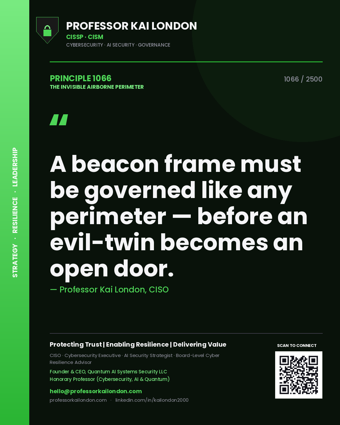 Quote card by Professor Kai London reading 'A beacon frame must be governed like any perimeter — before an evil-twin becomes an open door.'. From the book The Invisible Airborne Perimeter.