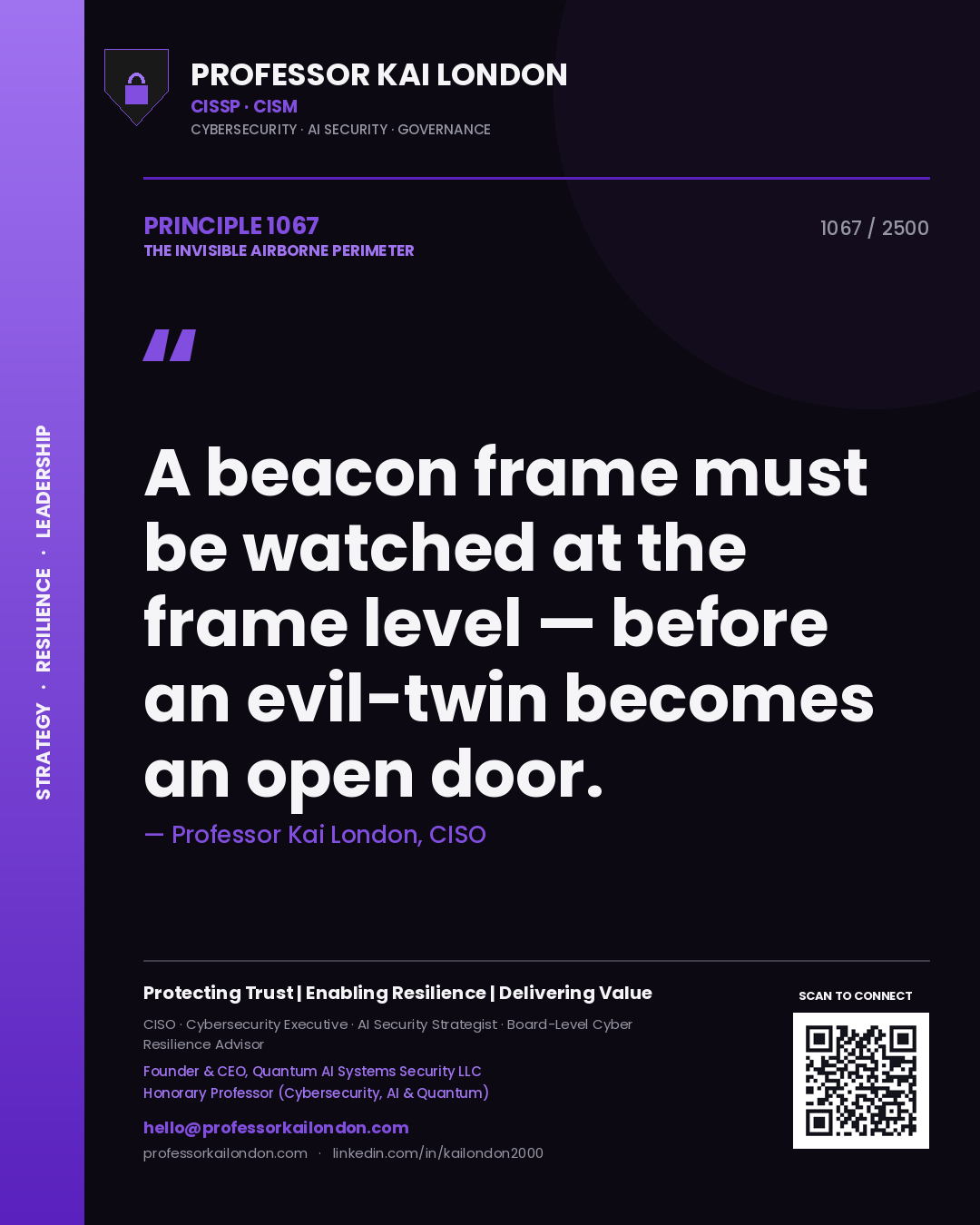Professor Kai London principle 1067: A beacon frame must be watched at the frame level — before an evil-twin becomes an open door.
